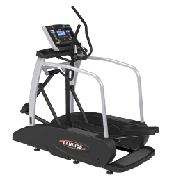 Landice E7 Elliptical in black and silver body frame with transparent background