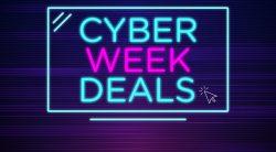 Pink and Teal Cyber Monday Banner that has neon lights and a little click icon.